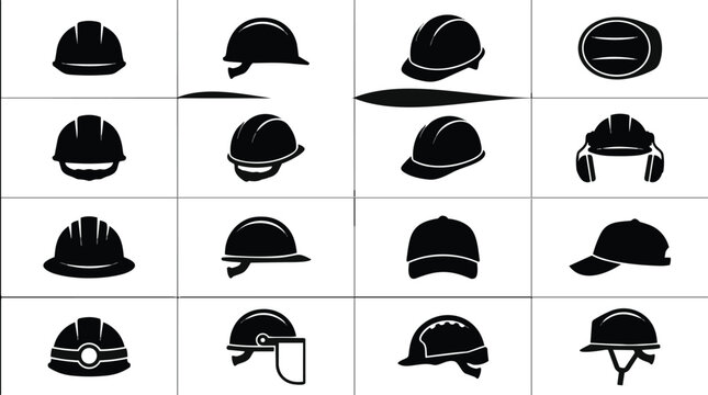 A collection of sixteen different safety helmet silhouettes including hard hats caps and specialized protective gear for industrial work.
