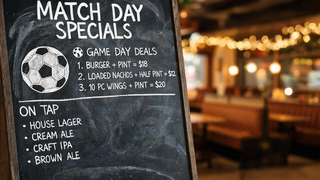 a chalkboard menu featuring match day specials with beer and food combo deals in a warm, inviting restaurant setting.
