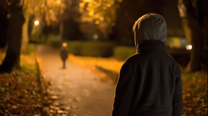 Fototapeta premium Figure in Hooded Coat Observes Distant Person on Dark Park Path at Night, Evoking Mystery and Solitude in an Autumn Landscape