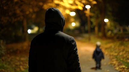 Fototapeta premium Adult in Hooded Jacket Follow Small Child Through Dark Park at Night, Illuminated Path Suggests Solitary Travel, Mystery, and Pursuit