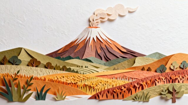 Paper art of erupting volcano and landscape