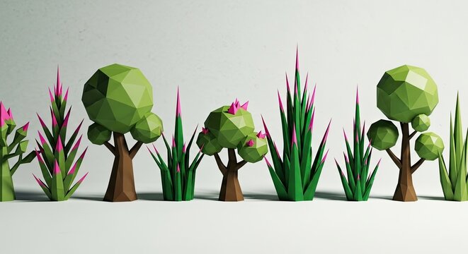 Stylized low poly trees and plants set on white background