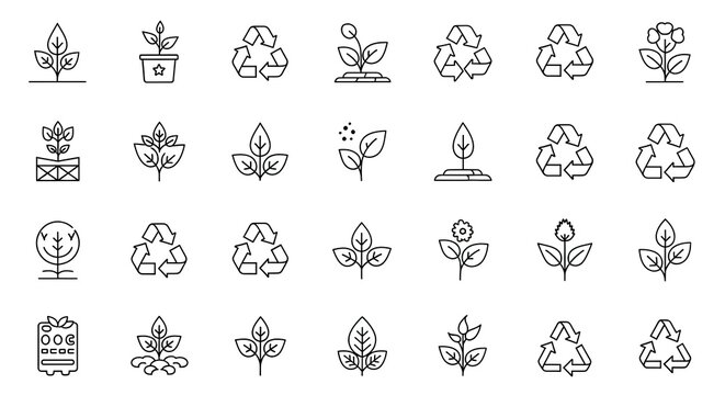 Ecology and recycling line art icons with plants and leaves