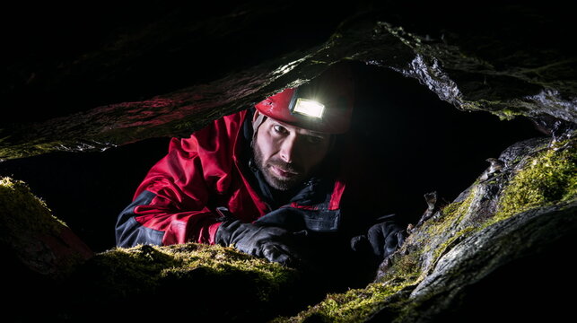 Determined Spelunker Navigating Tight Cave Passageway with Flashlight, Emphasizing Adventure and Thrill of Exploration