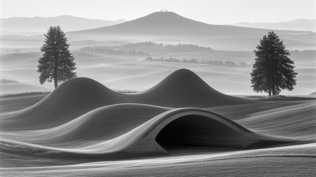 Gray tones of rolling hills and a solitary tree.