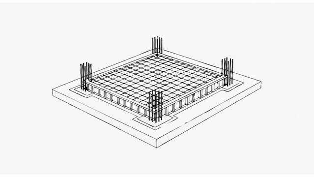 Technical isometric line drawing of a reinforced concrete building foundation with rebar mesh and columns
