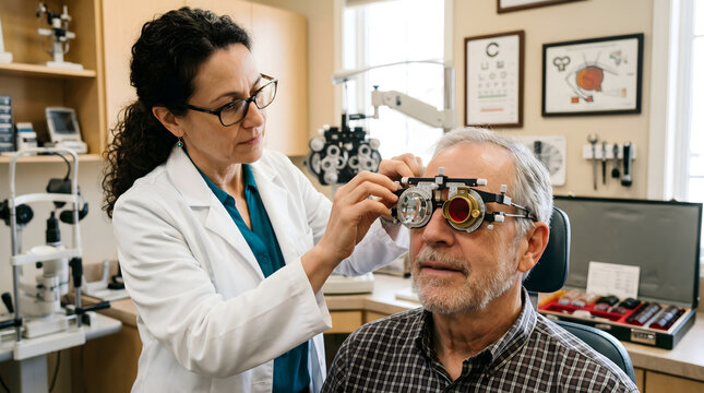 Optometrist adjusting phoropter for senior patient during eye exam