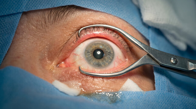 Patient undergoing ophthalmology eye surgery with speculum
