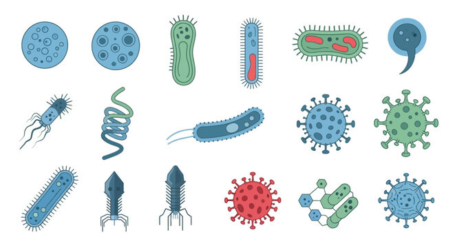 Diverse collection of microscopic bacteria and viruses.