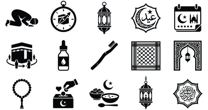 Collection of vintage travel and adventure icons in flat vector style on white background