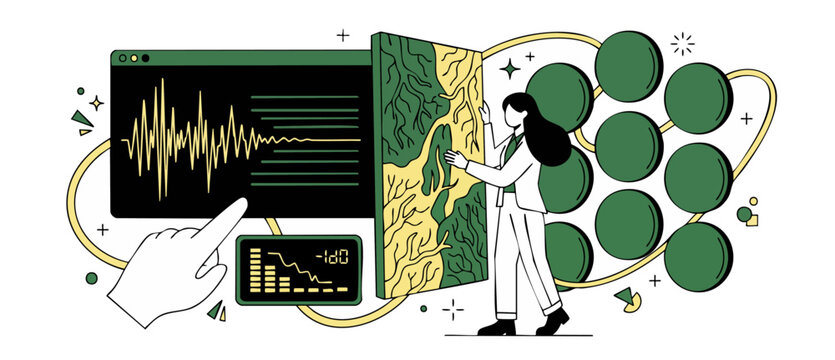 Environmental data analyst monitoring seismic wave visual graphs to optimize green energy network mapping systems, tracking ecological conservation progress for sustainable earth resources in line art