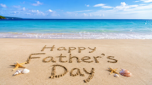 Happy Father's Day message written in sand on a sunny beach with seashells and starfish along the shore, ocean waves in the background, tropical summer celebration, vacation greetings