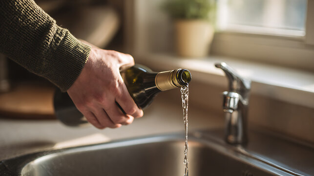 Person discard liquid from bottle into kitchen sink, abstract concept of waste, pour out, or dispose of substance