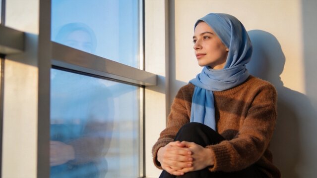 Woman in hijab sitting by window