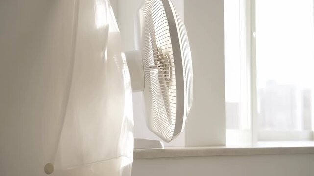 Electric fan oscillating next to a blowing curtain in a bright room