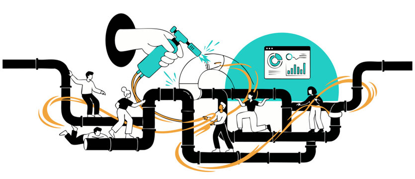 DevOps team fixing data pipeline system workflow integration, working together to repair network leaks with tools and dashboard analytics, flat vector concept of collaborative business technology.