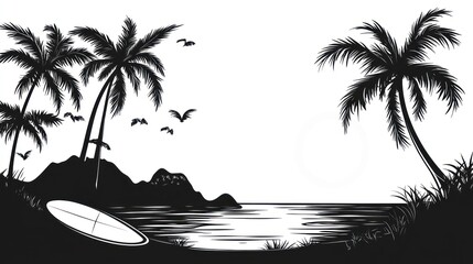 Obraz premium Tropical beach scene silhouette, surfboard, palms, calm ocean