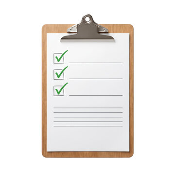 Wooden clipboard with a checklist paper featuring green check marks for isolated on transparent background