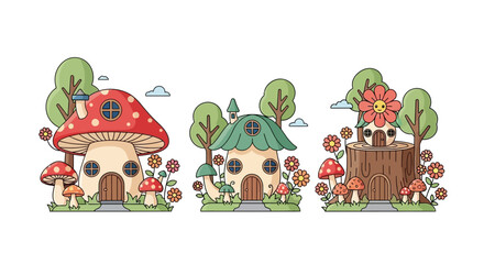 Fototapeta premium Colorful cartoon mushroom houses with flowers.