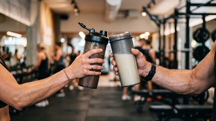 Naklejka premium Woman and man clinking protein shaker bottles in gym. Fitness training partners celebrating workout success with healthy supplement