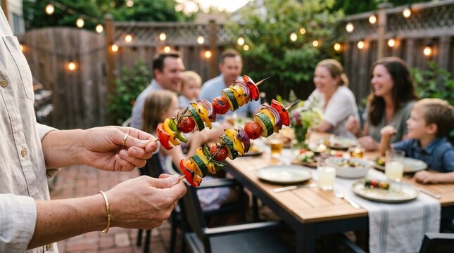 Woman holding grilled vegetable skewers at outdoor garden party. Family friends eating dinner at dining table with string lights. Concept of summer healthy eating, community and weekend festivity