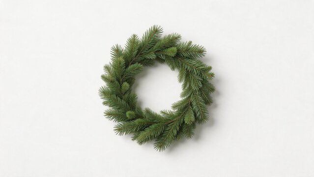 Circular green pine wreath on white background