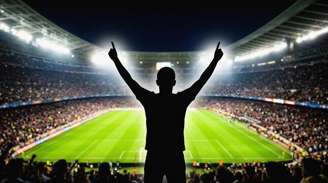Silhouette of a fan celebrating victory in a packed sports stadium at night