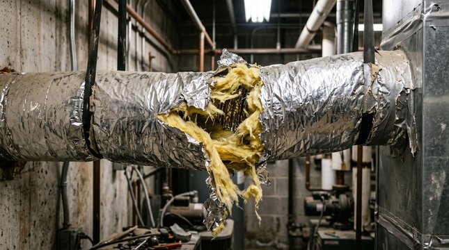 Damaged insulated ductwork with torn foil and exposed fiberglass material inside a building. Air vent system maintenance, repair concept and HVAC infrastructure problem in a commercial basement area