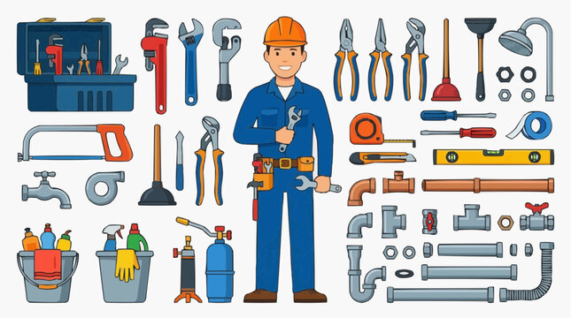 Plumber Set - plumber with professional plumbing tools and equipment, vector illustration isolated on white background