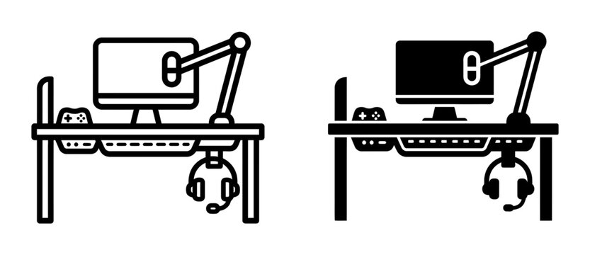 Gaming Desk Setup Icons, Computer Workstation, Headset, Monitor, Vector Graphics