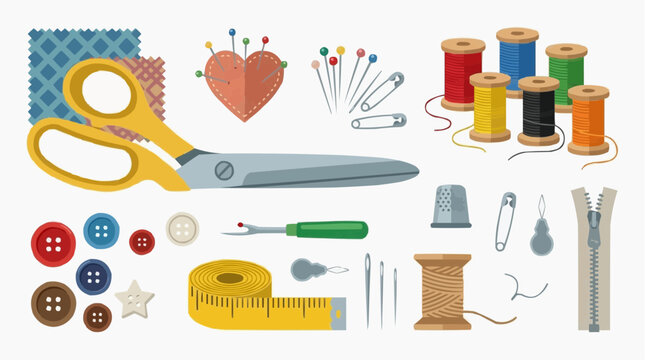 Sewing Supplies Set - collection of sewing materials and tailoring tools, vector illustration isolated on white background