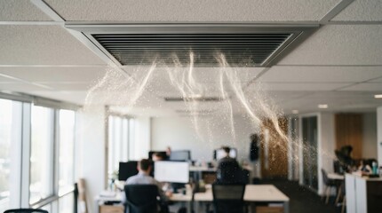 Obraz premium Office air vent blowing dust into workspace. Dirty ventilation system causing indoor air pollution. Poor air quality and health hazard in workplace