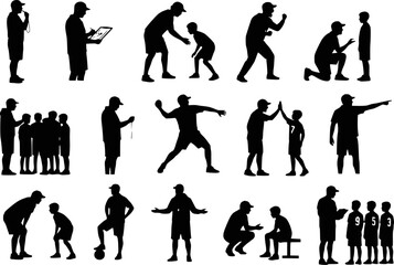 Naklejka premium Sports coach training silhouettes vector icon set isolated