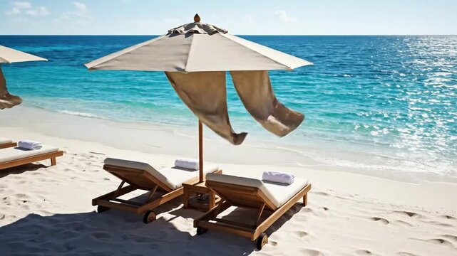 Luxury beach resort scene with sun loungers and parasol on tropical white sand shore paradise vacation