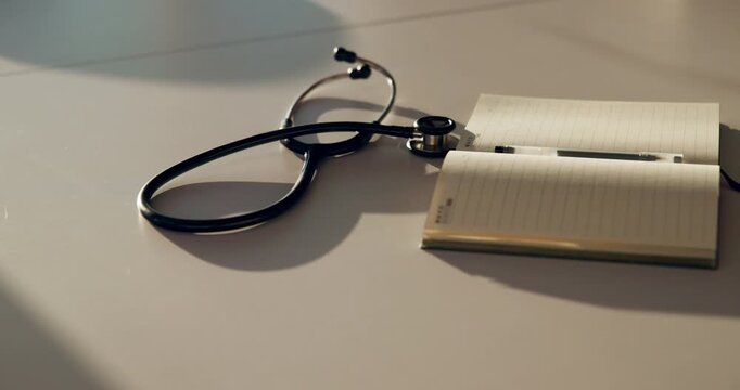 Medical, notebook and stethoscope on desk in hospital for heartbeat monitor, schedule reminder or wellness. Healthcare report, cardiology and research with doctors equipment in clinic or empty office