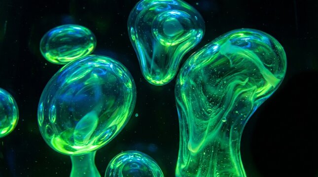  Abstract background of glowing green liquid blobs floating inside a lava lamp, macro close-up of dynamic fluid shapes on a dark background