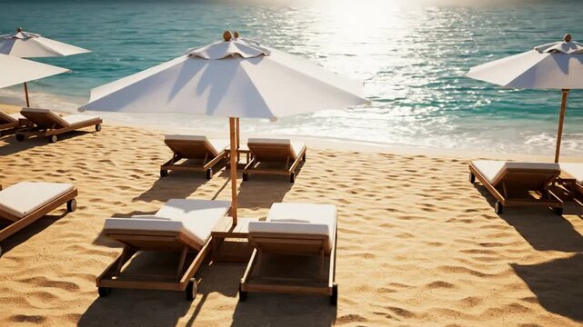 Tropical beach resort with sun loungers and umbrellas at sunset, luxury vacation paradise scene