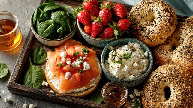 Assorted brunch platter with lox bagels, fresh berries, spinach, and cream cheese on a wooden serving tray.