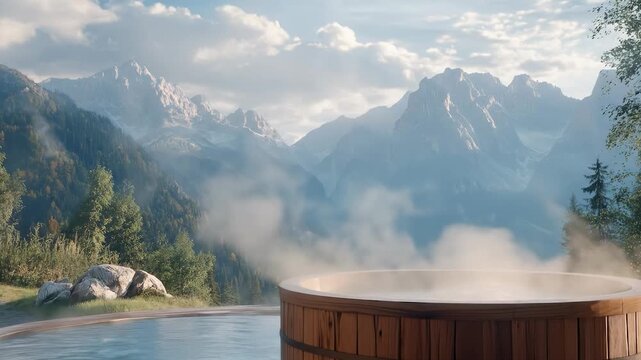 Outdoor wooden hot tub with mountain panorama. Steaming water on terrace, logs stacked near cabin, alpine peaks and forest in background; spa retreat and wellness travel concept