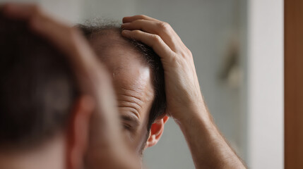 Naklejka premium Concerned Man Examines Hair Loss Reflected in Mirror, Assessing Scalp Condition and Thinning Hair for Personal Care and Health Awareness
