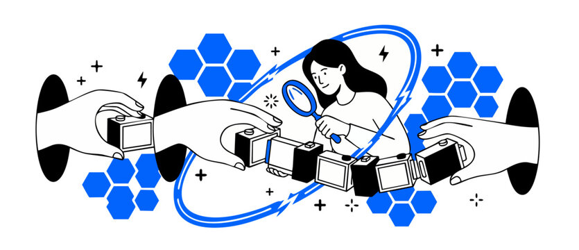 Blockchain data audit technology illustration showing woman inspecting network blocks with magnifying glass for system security check, software development and clean code verification process concept.