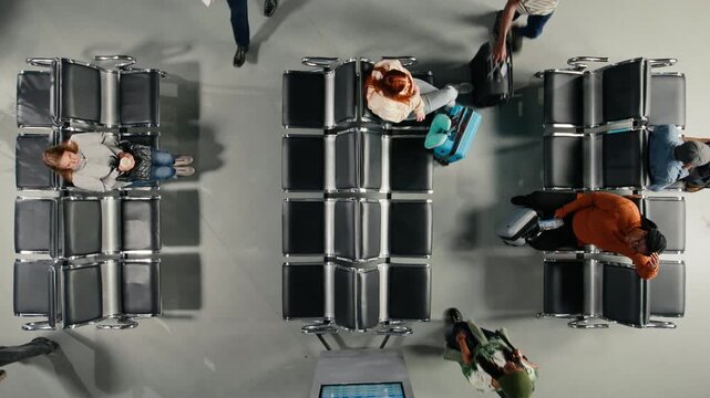 High angle shot of tourists with luggage moving through air transportation hub, concept of busy passenger flow. Travelers navigating congested airport terminal hallway, top down view