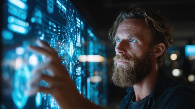 Bearded man interacting with futuristic blue digital holographic data interface.