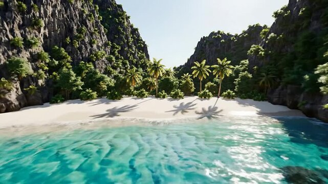 Tropical lagoon paradise with white sand beach and turquoise water, aerial drone view of hidden island cove