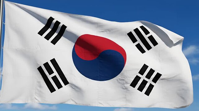 South Korean Flag Waving Gracefully Against a Clear Blue Sky.