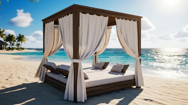 Luxury beach cabana with white curtains on tropical island resort at sunset