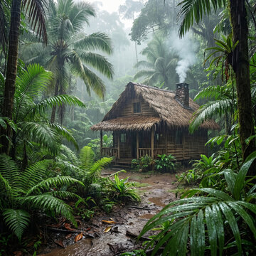 A jungle with small house with rainy day