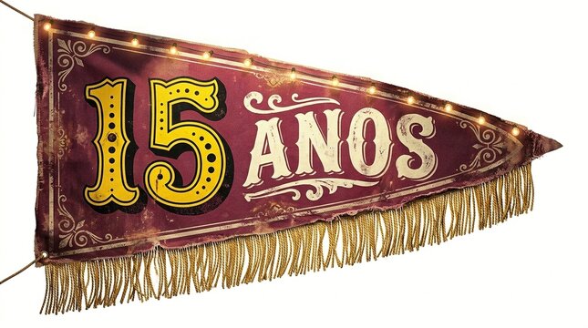 Vintage pennant banner celebrating 15 years with circus style font and string lights