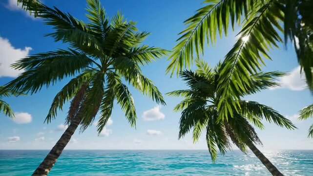Tropical palm trees swaying over turquoise ocean under bright sunny sky, summer beach paradise vacation background