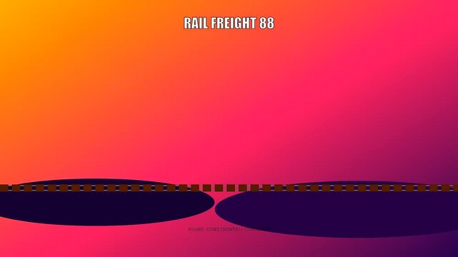 A minimalist 2D animation highlights a vibrant global logistics route as a colorful freight train moves smoothly across a beautiful sunset gradient background representing trade.
